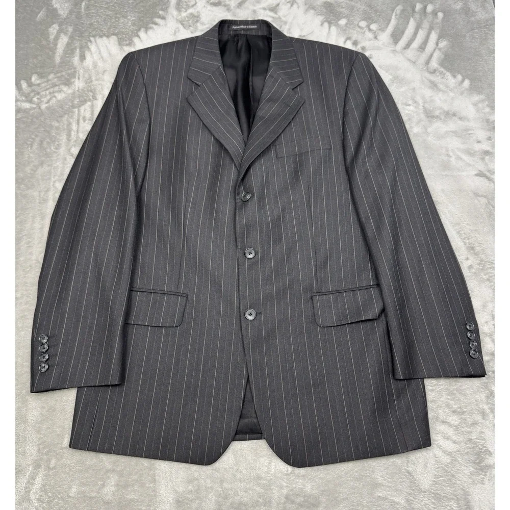 Prestige S Cohen Suit Blazer Jacket‎ Mens 46L Black Pinstripe Sport Coat Wool